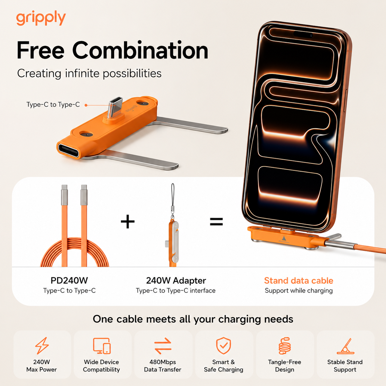 Gripply FlexStand 2-in-1 USB-C Charging Cable Stand